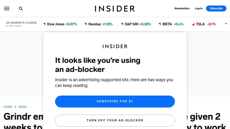 Screenshot of businessinsider.com: Grindr employees have 2 weeks to move across the country, RTO or lose their jobs