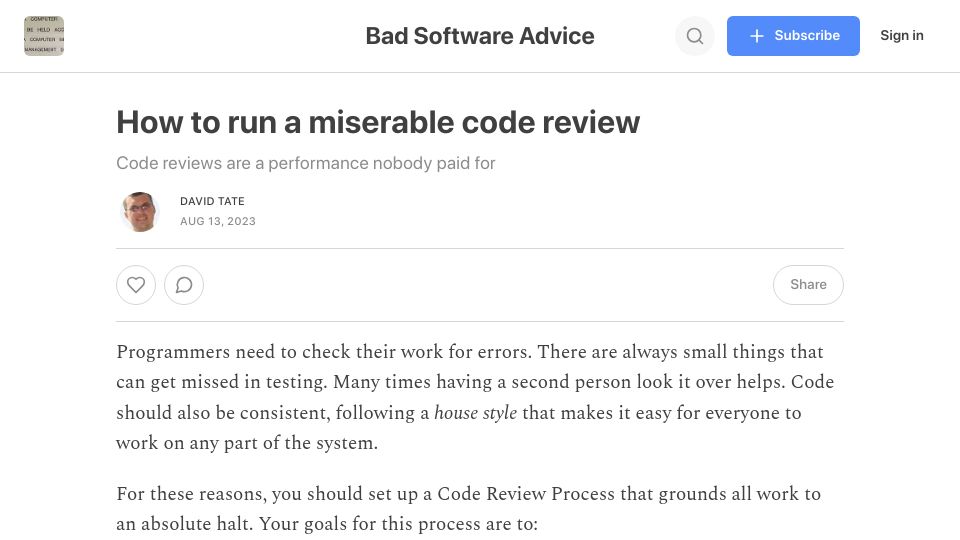 Screenshot of badsoftwareadvice.substack.com: How to run a miserable code review