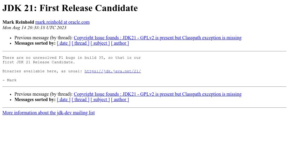Screenshot of openjdk.org: Java 21: First Release Candidate
