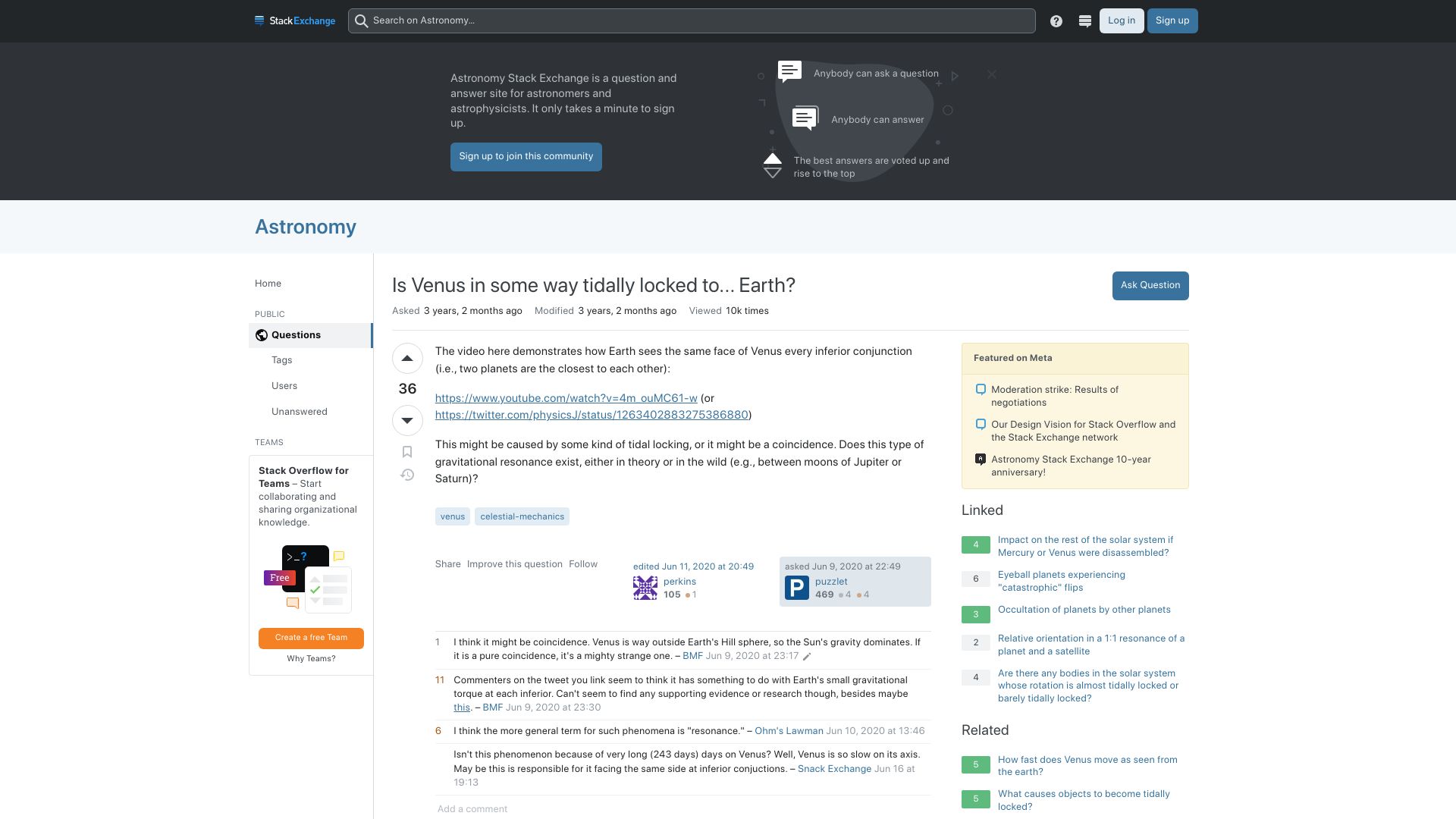 Screenshot of astronomy.stackexchange.com: Is Venus in some way tidally locked to Earth? (2020)