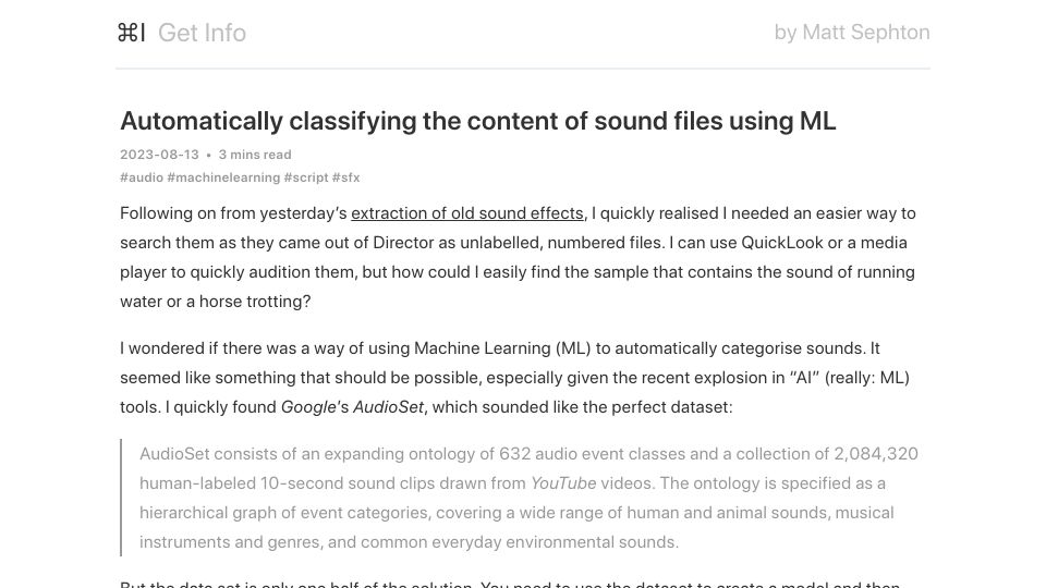 Screenshot of blog.gingerbeardman.com: Automatically classifying the content of sound files using ML