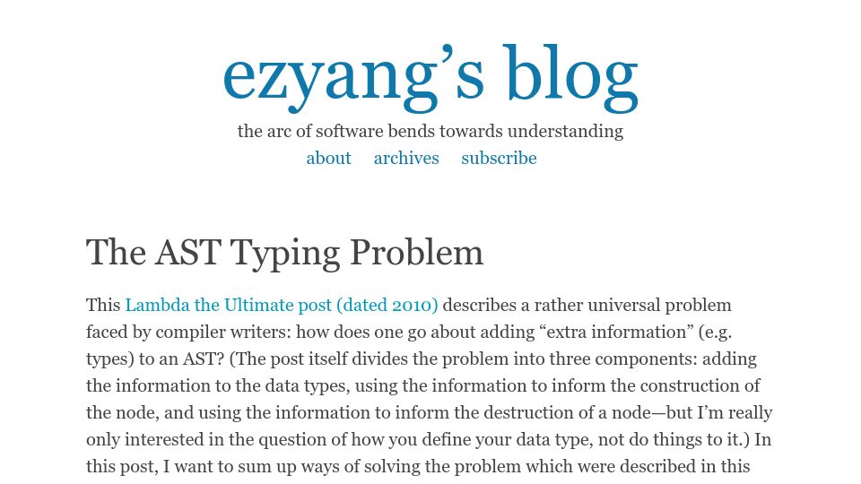 Screenshot of blog.ezyang.com: The AST Typing Problem