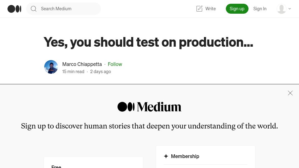 Screenshot of marcochiappetta.medium.com: Testing on production