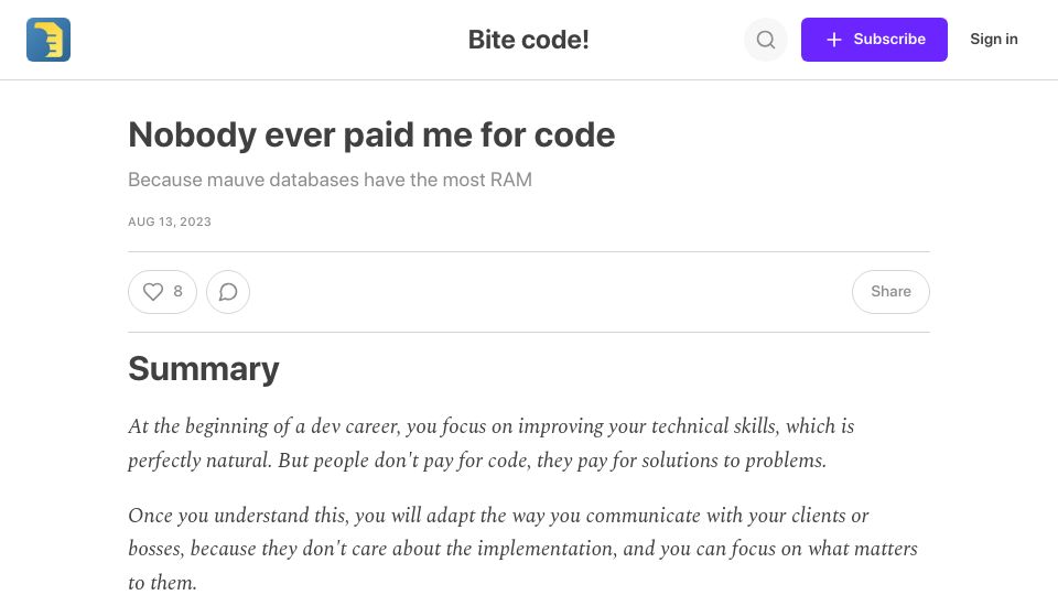 Screenshot of bitecode.dev: Nobody ever paid me for code