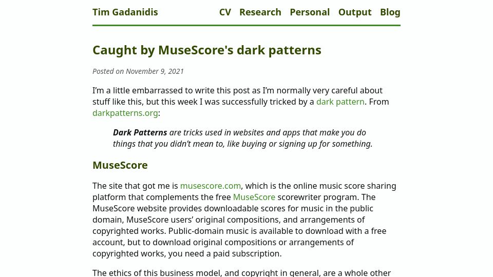 Screenshot of gadanidis.ca: Caught by MuseScore's Dark Patterns (2021)