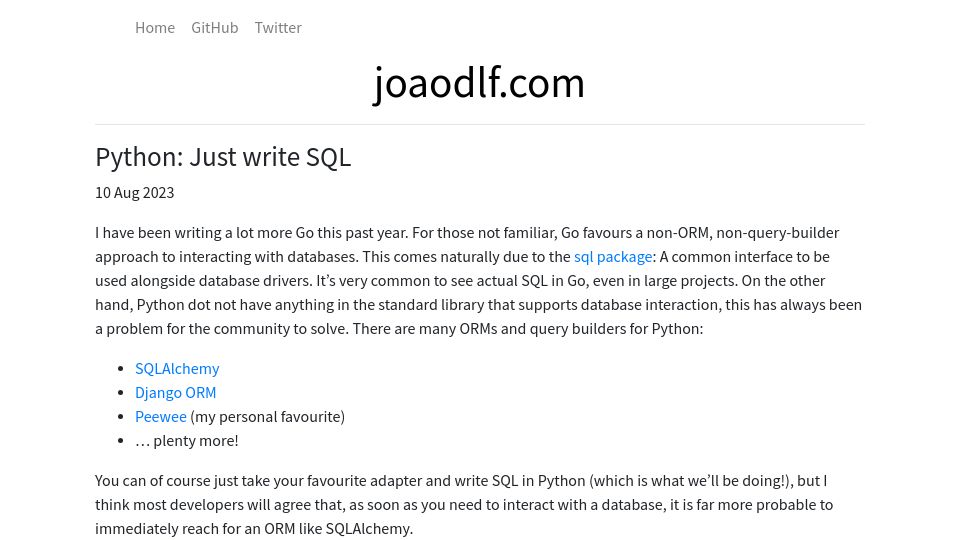 Screenshot of joaodlf.com: Python: Just Write SQL