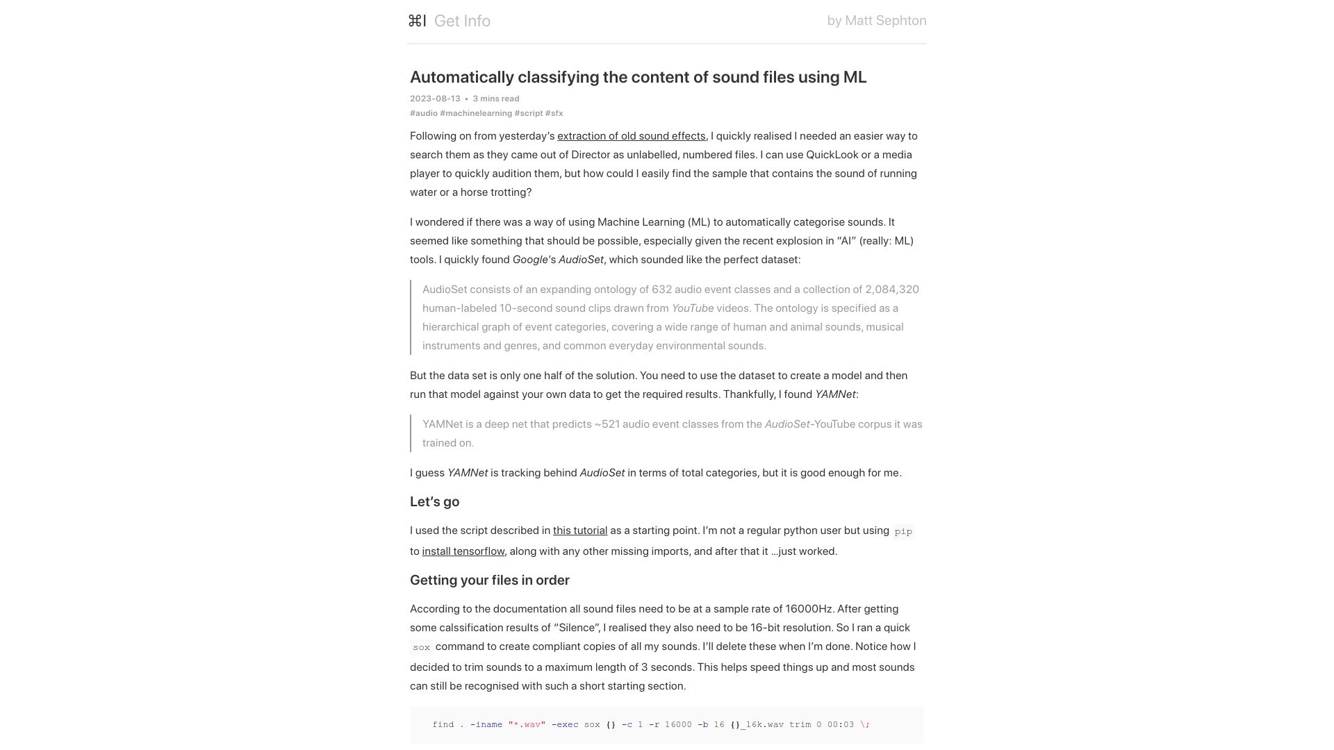 Screenshot of blog.gingerbeardman.com: Automatically classifying the content of sound files using ML