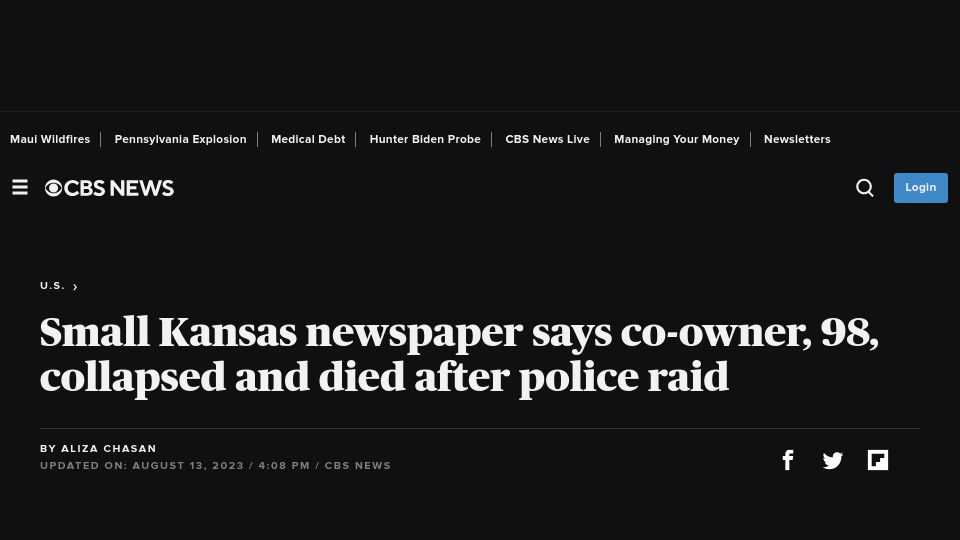 Screenshot of cbsnews.com: Small Kansas newspaper says co-owner, 98, collapsed and died after police raid