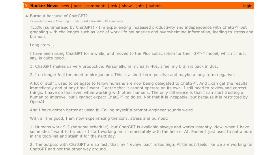 Screenshot of Hacker News post: Ask HN: Burnout because of ChatGPT?