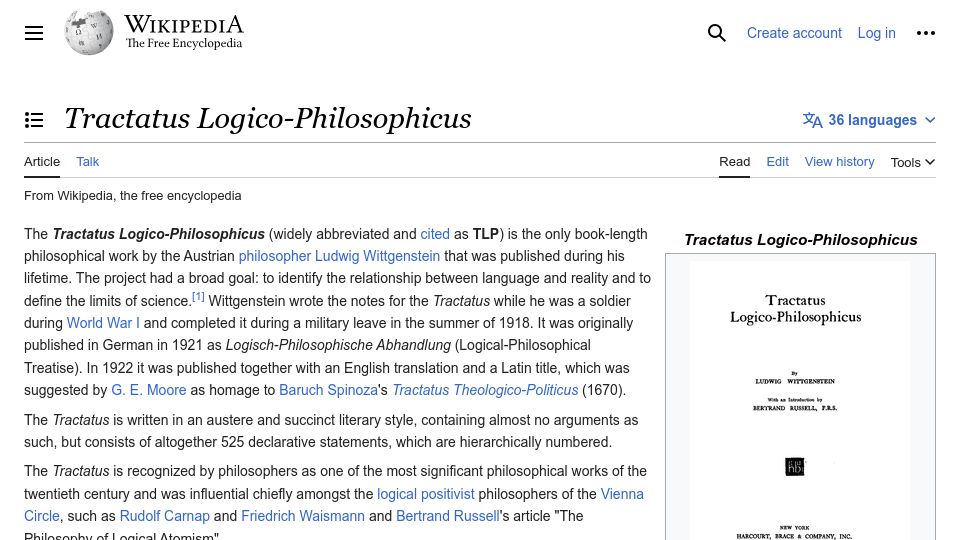 Screenshot of en.wikipedia.org: Tractatus Logico-Philosophicus