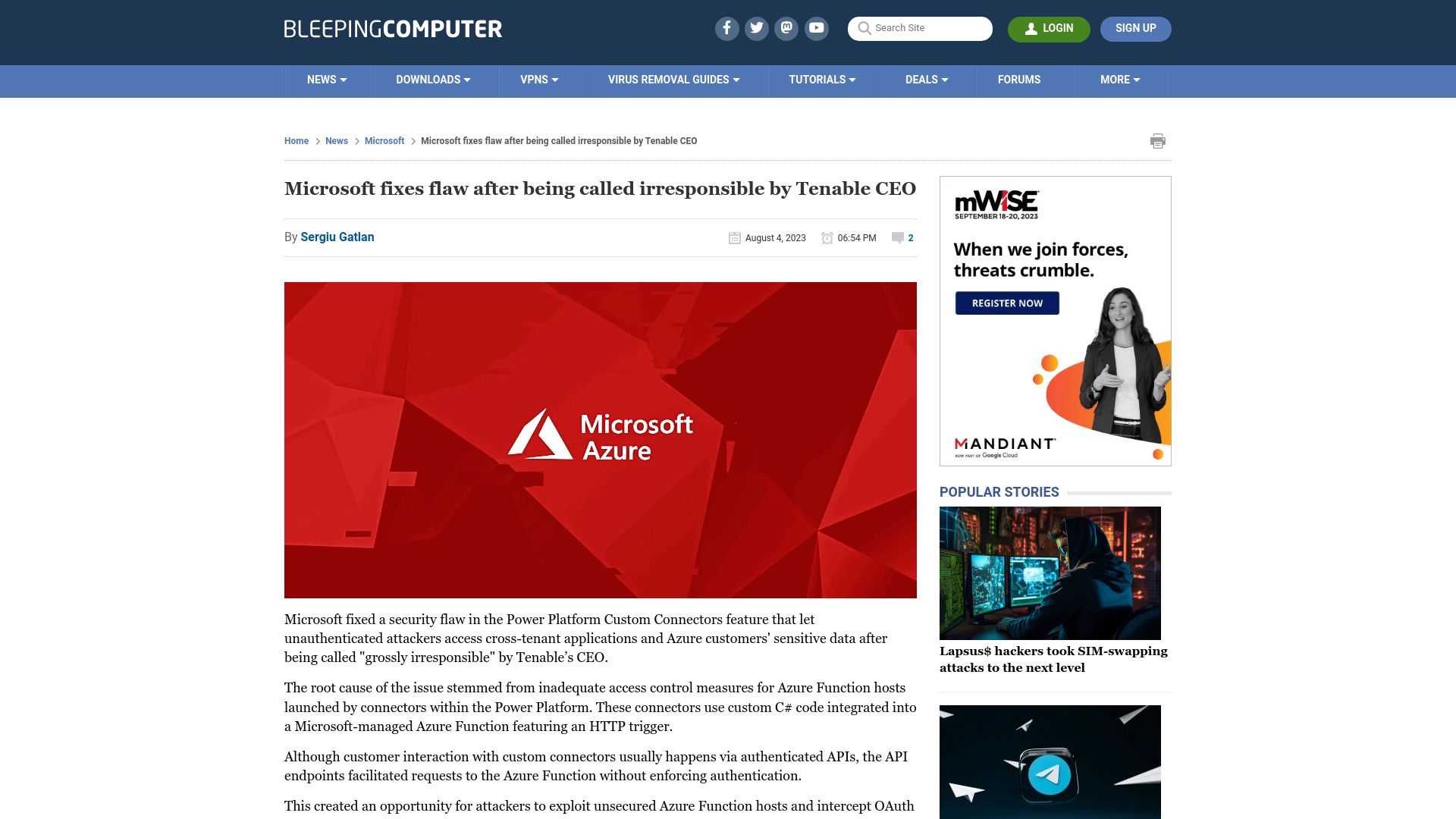 Screenshot of bleepingcomputer.com: Tenable CEO says Microsoft security is blatantly negligent