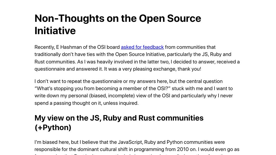 Screenshot of yakshav.es: Non-thoughts on the Open Source Initiative (2020)