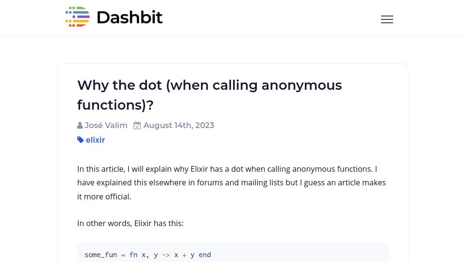 Screenshot of dashbit.co: Elixir – Why the dot when calling anonymous functions?