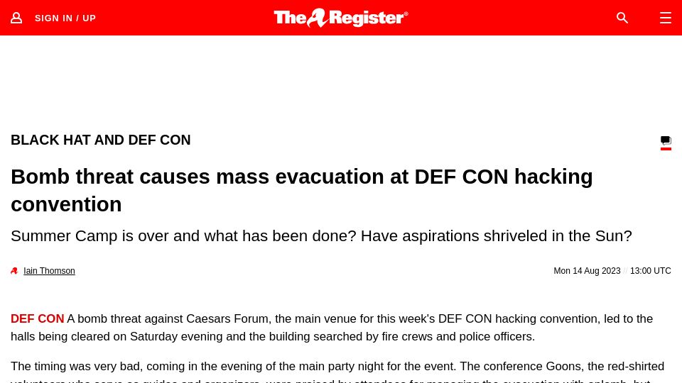 Screenshot of theregister.com: Bomb threat causes mass evacuation at DEF CON hacking convention