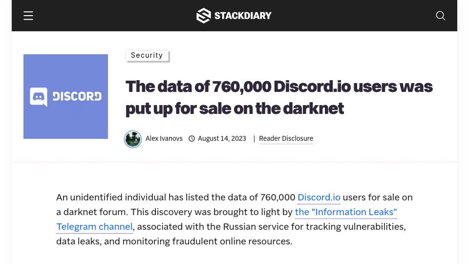 Screenshot of stackdiary.com: Discord.io breached, 760k user accounts for sale on darknet