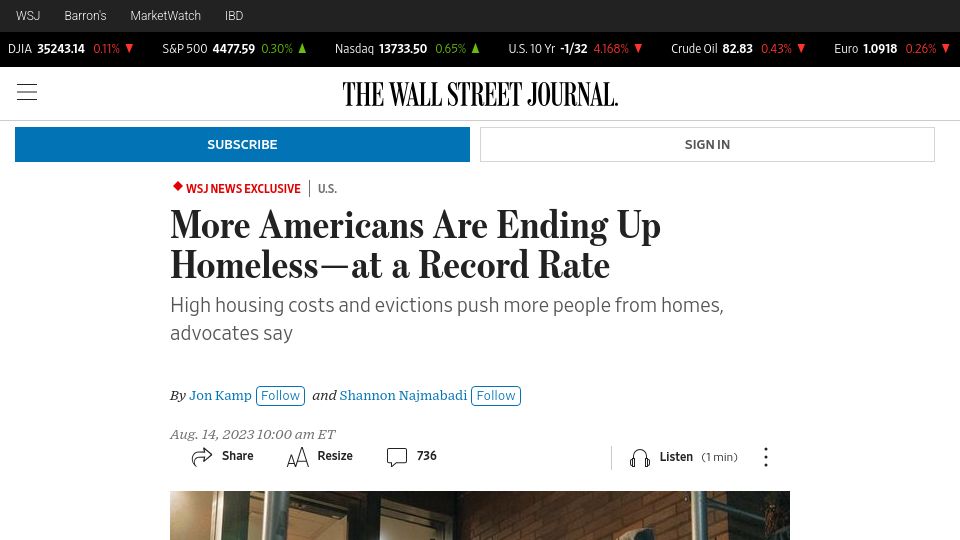Screenshot of wsj.com: More Americans Are Ending Up Homeless–At a Record Rate