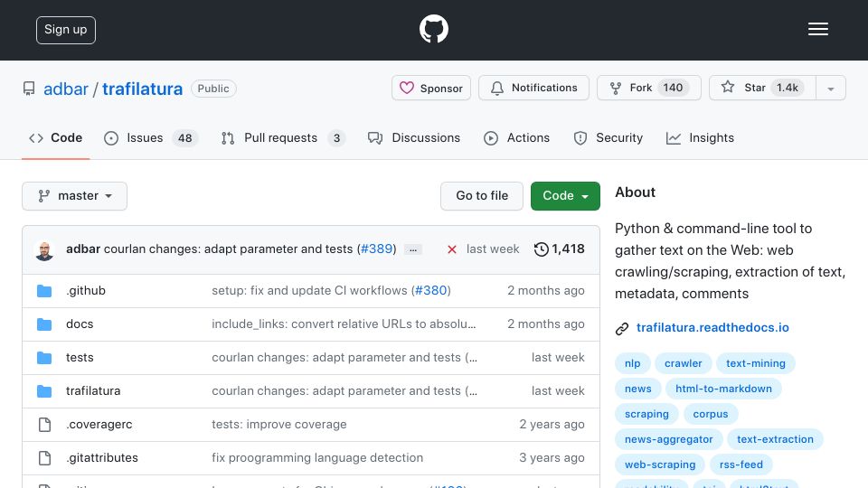 Screenshot of github.com: Trafilatura: Python tool to gather text on the Web