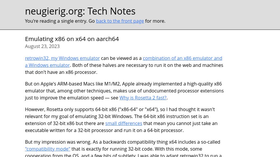 Screenshot of neugierig.org: Emulating x86 on X64 on Aarch64