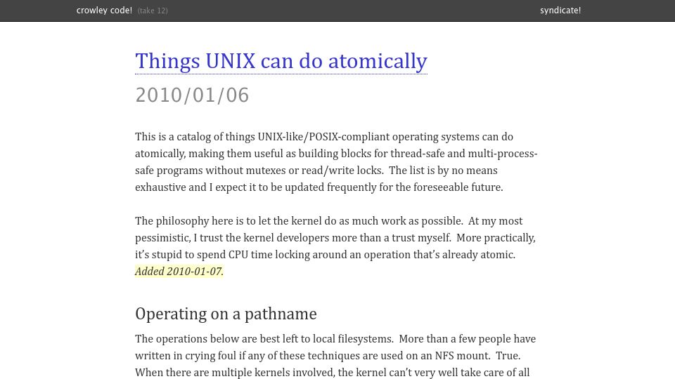 Screenshot of rcrowley.org: Things Unix can do atomically (2010)