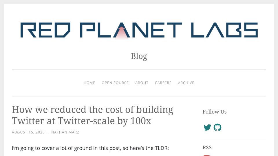 Screenshot of blog.redplanetlabs.com: We reduced the cost of building Mastodon at Twitter-scale by 100x