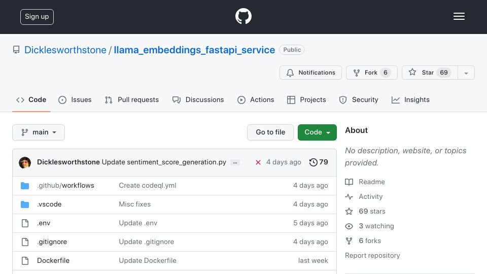 Screenshot of github.com: Show HN: Llama2 Embeddings FastAPI Server