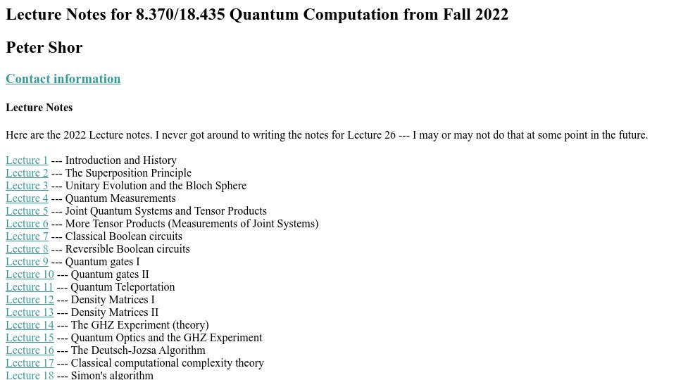 Screenshot of math.mit.edu: Peter Shor's MIT Fall 2022 course lecture notes on quantum computing