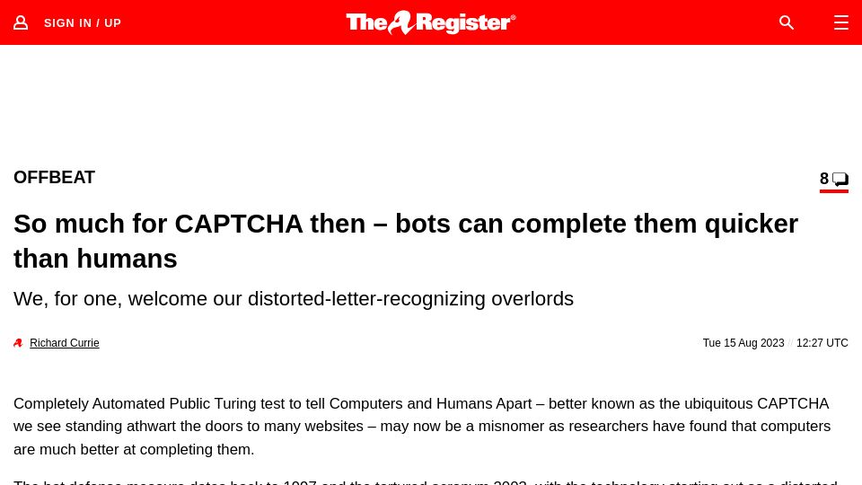 Screenshot of theregister.com: Bots can complete CAPTCHAs quicker than humans