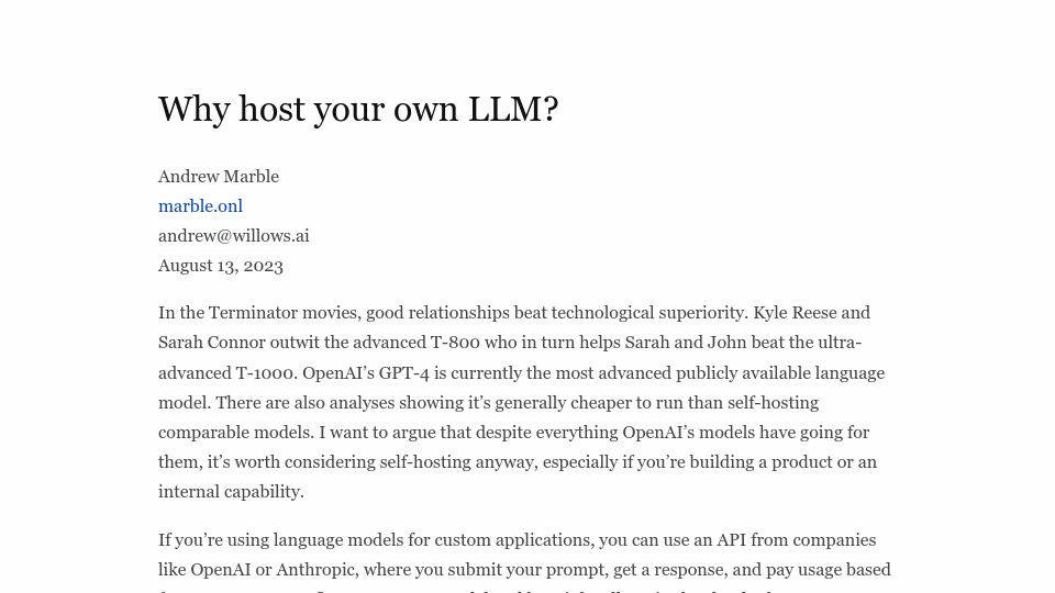 Screenshot of marble.onl: Why host your own LLM?