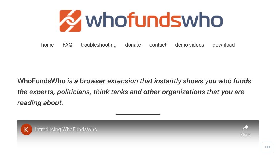 Screenshot of whofundswho.com: WhoFundsWho: Instantly see who funds the organizations you are reading about