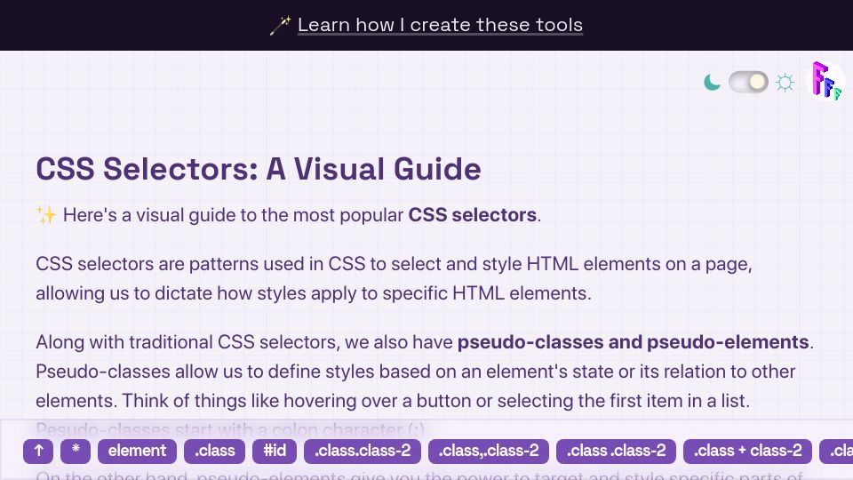 Screenshot of fffuel.co: CSS Selectors: A Visual Guide