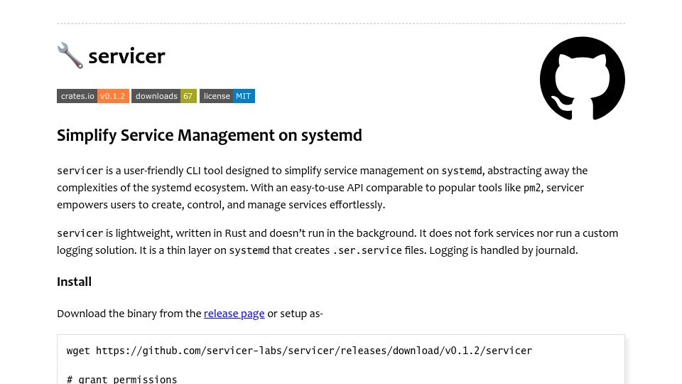Screenshot of servicer.dev: Show HN: Servicer, pm2 alternative built on Rust and systemd