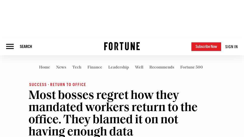 Screenshot of fortune.com: Most bosses regret how they mandated workers return to the office