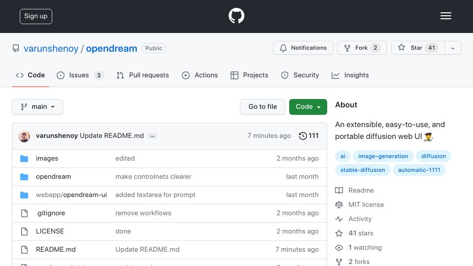 Screenshot of github.com: Opendream: A layer-based UI for Stable Diffusion