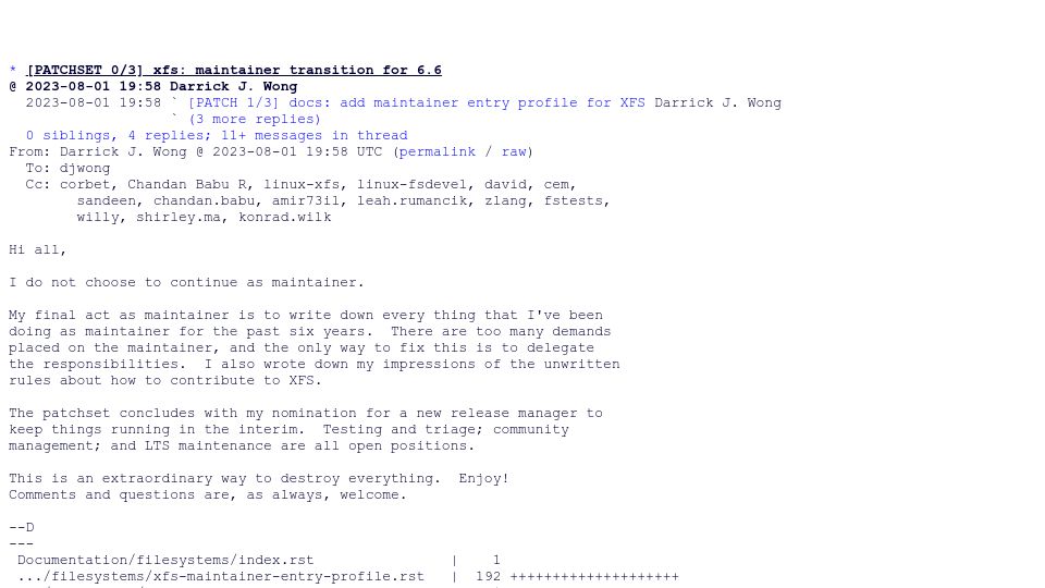 Screenshot of lore.kernel.org: XFS maintainer, Darrik Wong, steps down
