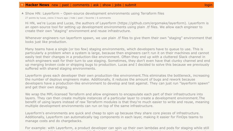 Screenshot of github.com: Show HN: Layerform – Open-source development environments using Terraform files