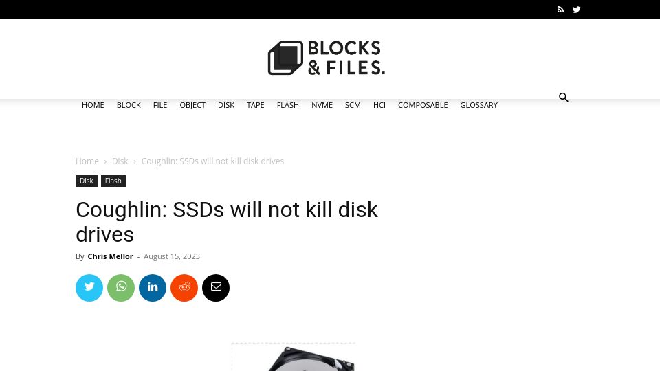 Screenshot of blocksandfiles.com: Coughlin: SSDs will not kill disk drives