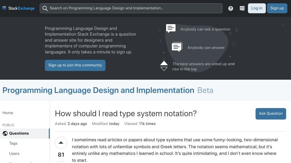Screenshot of langdev.stackexchange.com: How should I read type system notation?