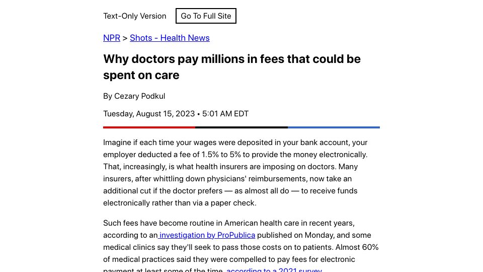 Screenshot of text.npr.org: Why doctors pay millions in fees that could be spent on care