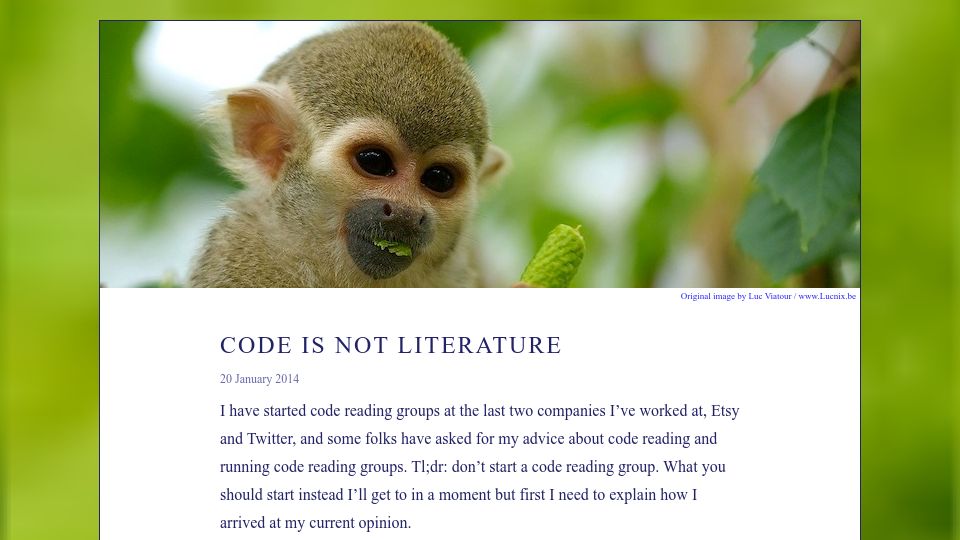 Screenshot of gigamonkeys.com: Code Is Not Literature (2014)