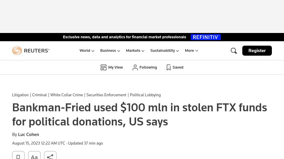 Screenshot of reuters.com: Bankman-Fried used $100M in stolen FTX funds for political donations, US says
