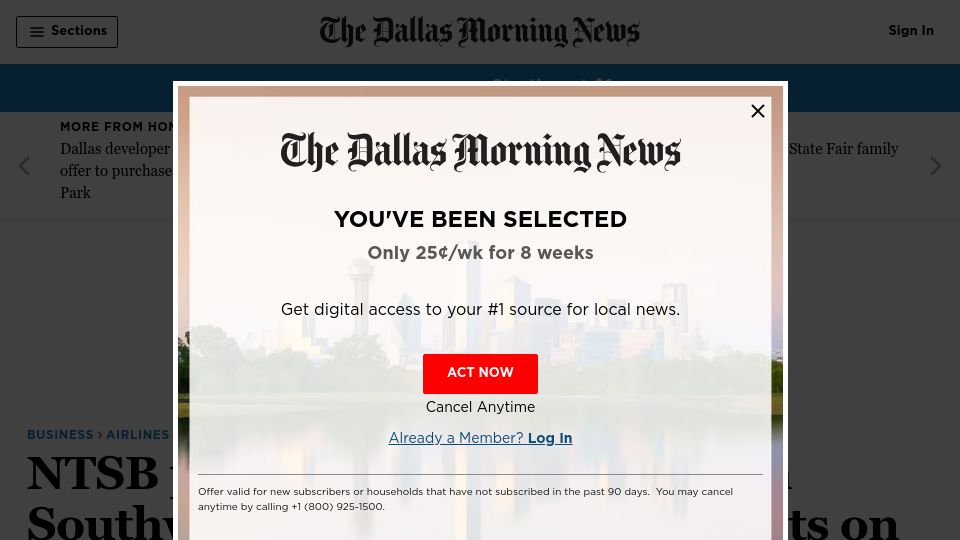 Screenshot of dallasnews.com: Private jet came ‘within 100 feet’ of colliding with Southwest plane, NTSB says