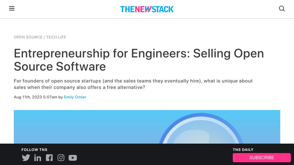 Screenshot of thenewstack.io: Selling open-source software