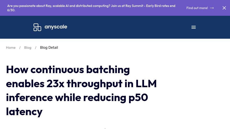 Screenshot of anyscale.com: Continuous batching to increase LLM inference throughput and reduce p50 latency
