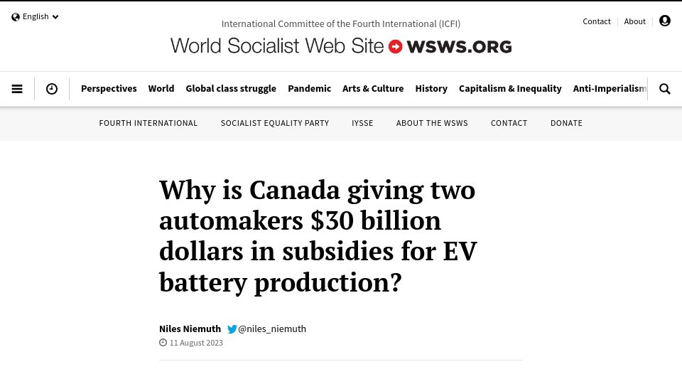 Screenshot of wsws.org: Why is Canada giving two automakers $30B in subsidies for EV battery production?