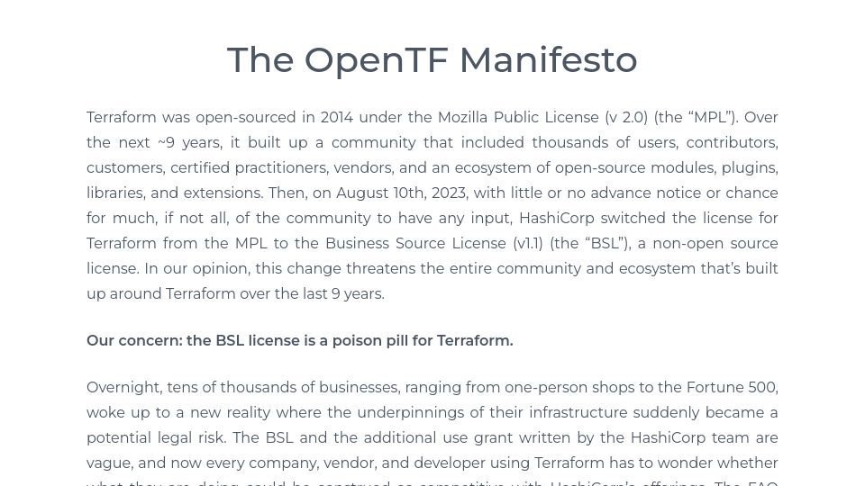 Screenshot of opentf.org: The OpenTF Manifesto