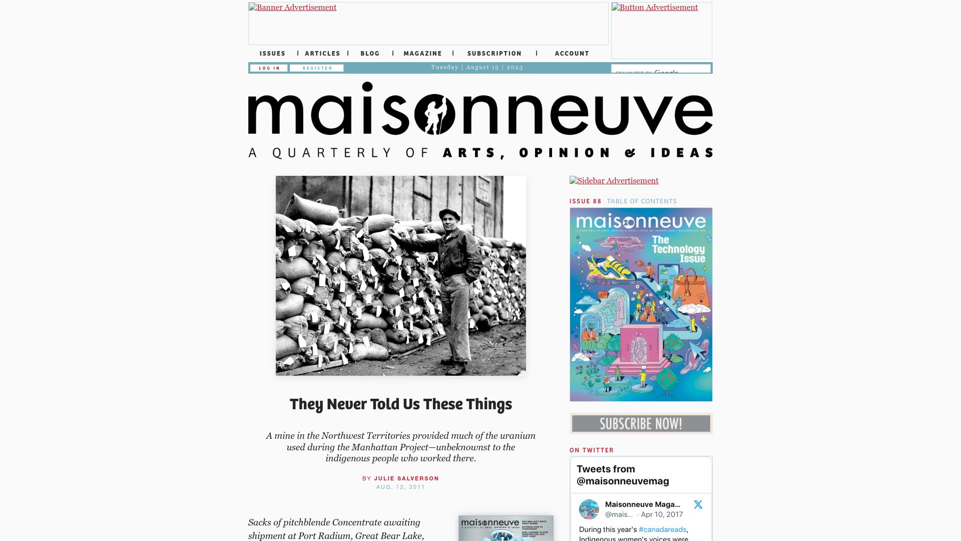 Screenshot of maisonneuve.org: Mine in the Northwest Territories provided uranium to Manhattan Project (2011)