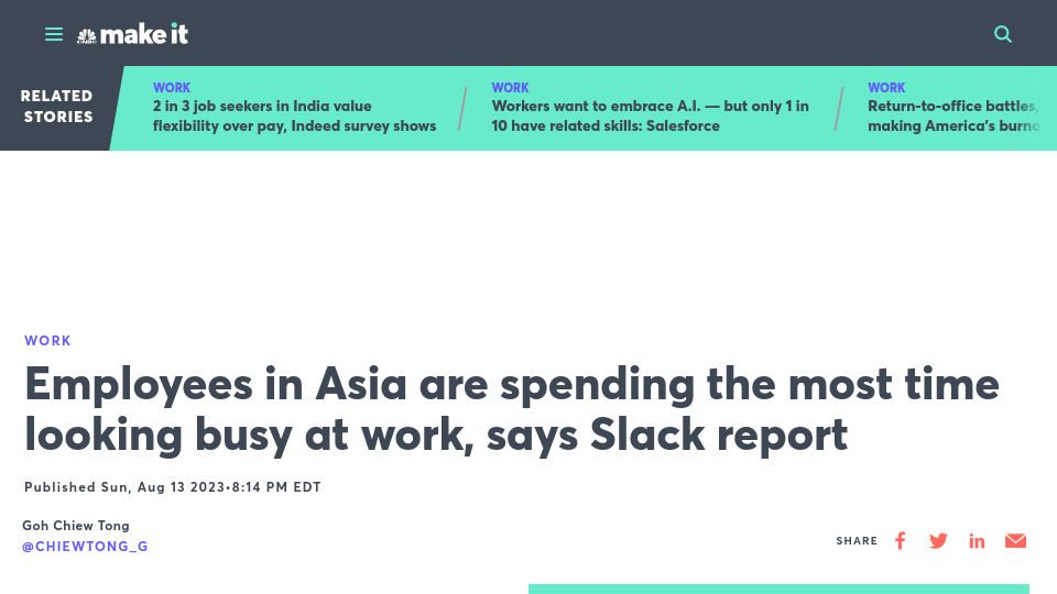 Screenshot of cnbc.com: Employees in Asia are spending most time looking busy at work, says Slack report