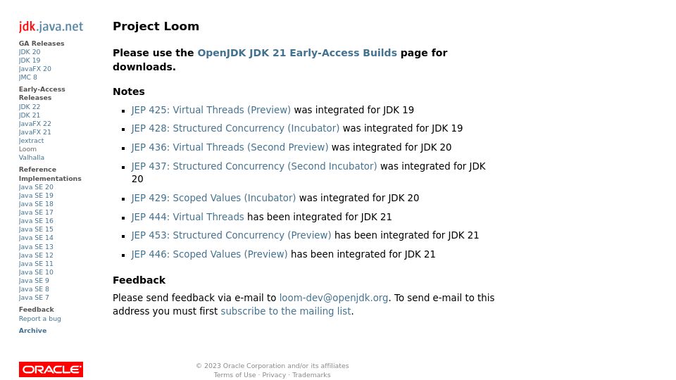 Screenshot of jdk.java.net: Features of Project Loom incorporated in JDK 21