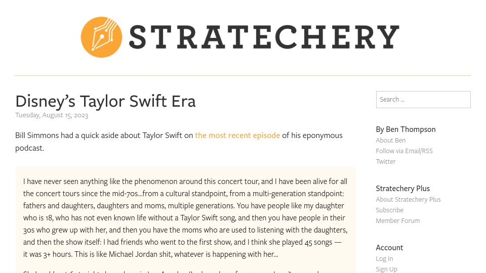Screenshot of stratechery.com: Disney’s Taylor Swift Era