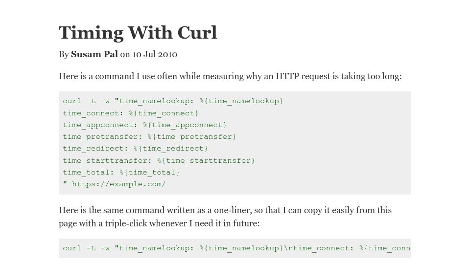 Screenshot of susam.net: Timing with Curl (2010)